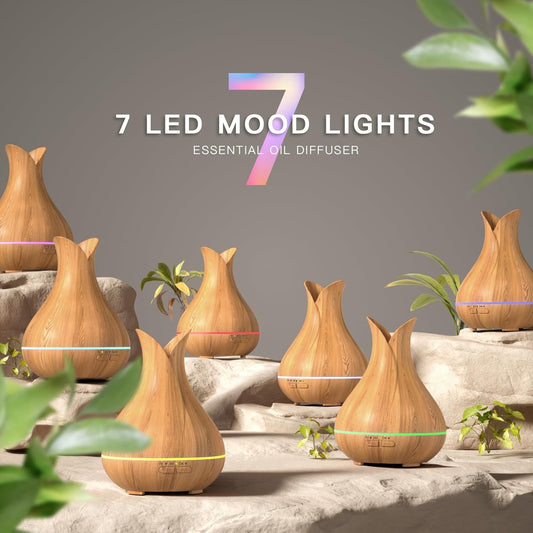 Essential Oil Diffusers, Cute Small Aromatherapy Diffuser with 3 Timers& 7 Ambient Light, Ultra-Quiet Oil Diffuser for Room Home Office(150Ml), Wood